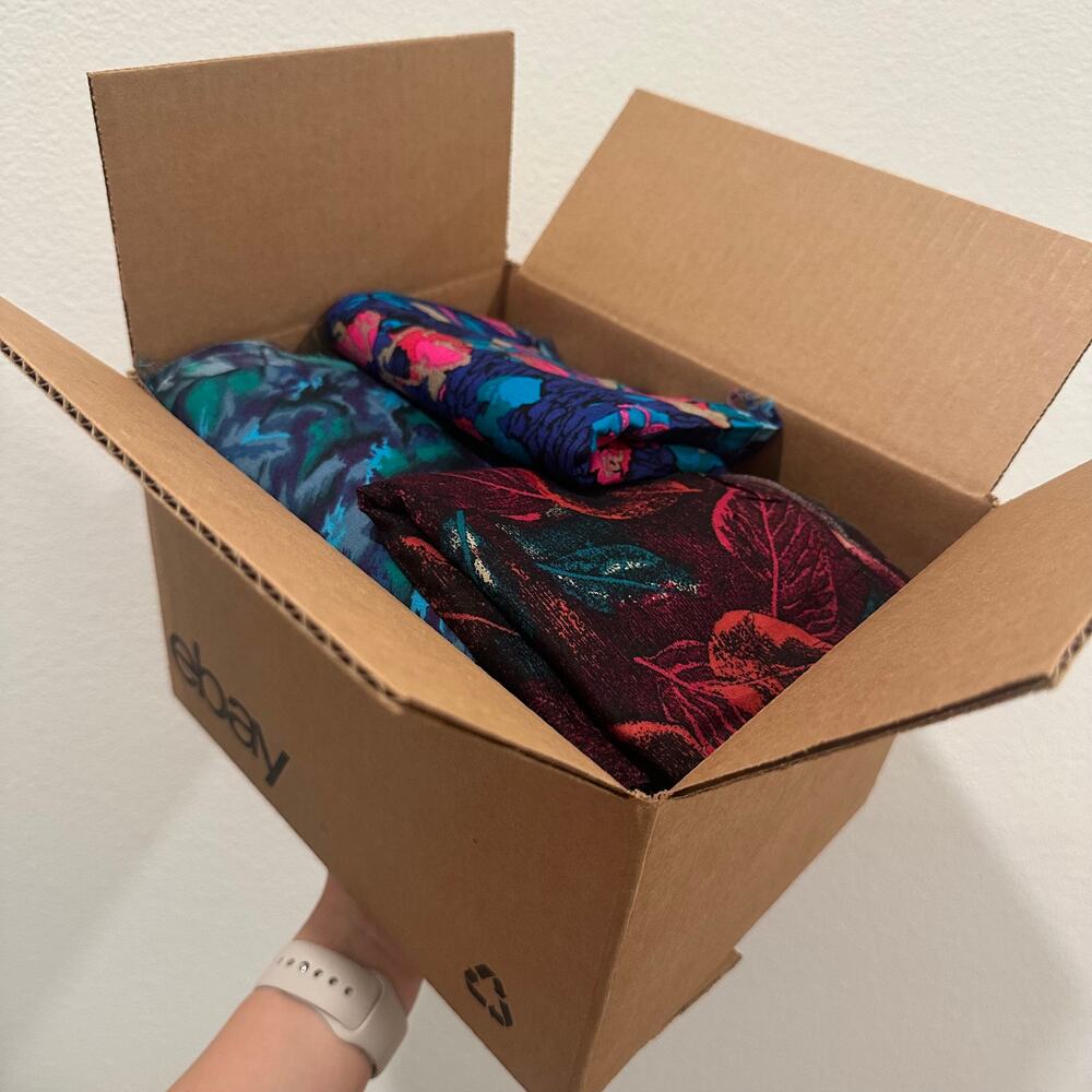 Mystery box 10x8x6 mix fabric lot prints solids knits cottons satins linens